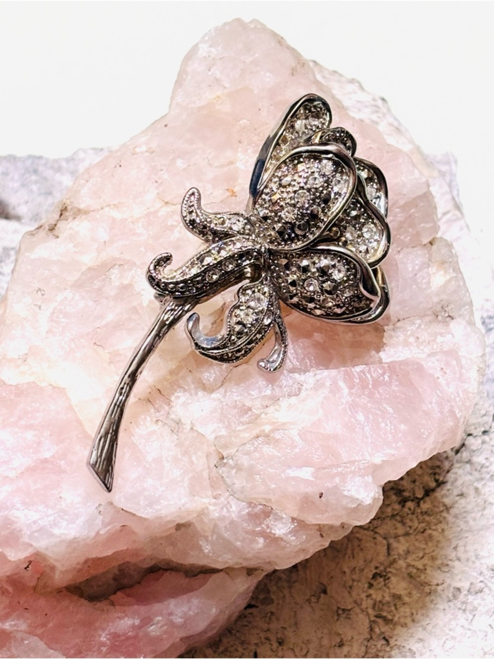 Vintage Silver Rhinestone Flower Brooch 3 inch